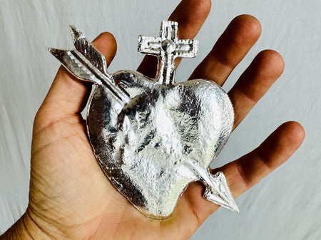 Hand Cast Milagro Heart for Altar or Decoration. Silver Colored. 0964
