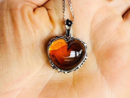 Amber & Sterling Heart Pendant on a Silver Chain. AP-354
