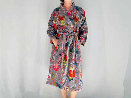 Cotton Velvet Luxurious Printed Robe. Floral Velveteen Bathrobe