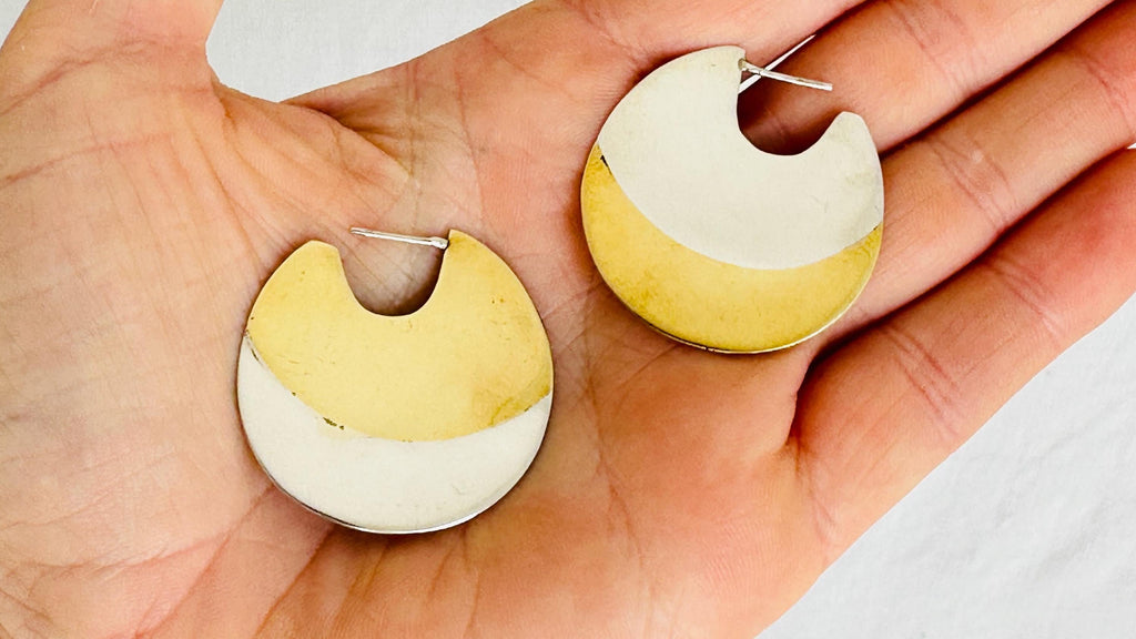 Silver and Gold Flat Hoop Earrings. Made from Sterling Silver and Brass. 0989