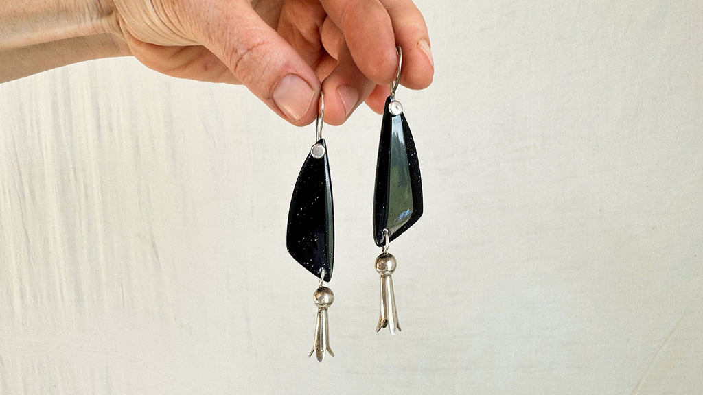 Squash Blossom & Blue Goldstone Earrings. Sterling Silver. 2016