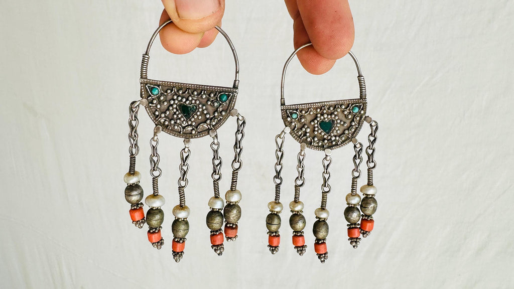 Vintage Uzbek Bukhara Earrings. Silver & Turquoise. Long Dangles. 0849