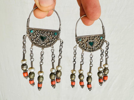 Vintage Uzbek Bukhara Earrings. Silver & Turquoise. Long Dangles. 0849