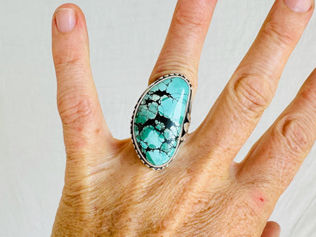 Natural Turquoise Cocktail Ring. Oversized Sterling Silver Designer Ring. Botanicals. Size 6. 2388