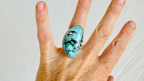 Natural Turquoise Cocktail Ring. Oversized Sterling Silver Designer Ring. Botanicals. Size 6. 2388