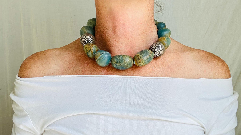 Blue Onyx and Sterling Beaded Necklace. Handcrafted Designer Statement Jewelry.