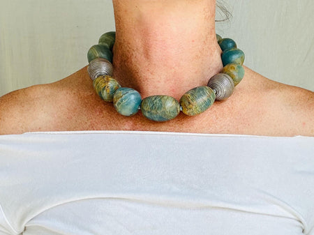 Blue Onyx and Sterling Beaded Necklace. Handcrafted Designer Statement Jewelry.