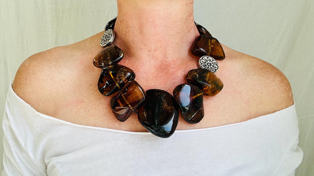 Dramatic Amber Necklace. Antique Sterling Silver Beads. Maximalist Designer Jewelry. IN COMPLIANCE with Etsy Regulations