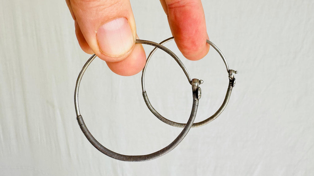 Vintage Kuchi Silver Hoop Earrings. Sterling Silver. Afghanistan. 0709