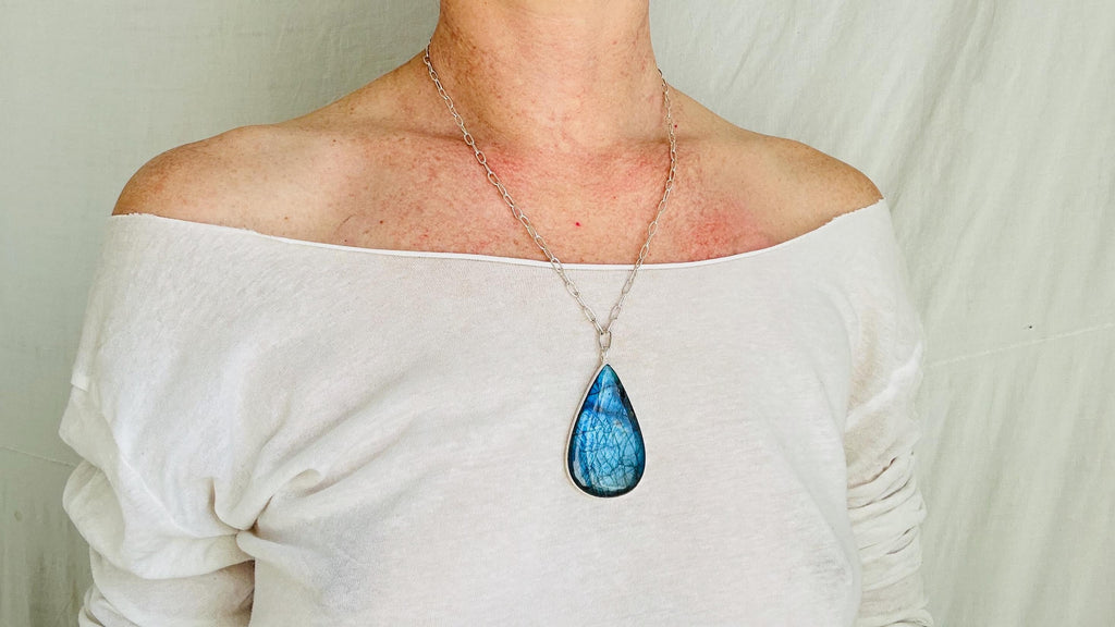 Labradorite Pendant Necklace on a Handmade Sterling Silver Chain. 2392