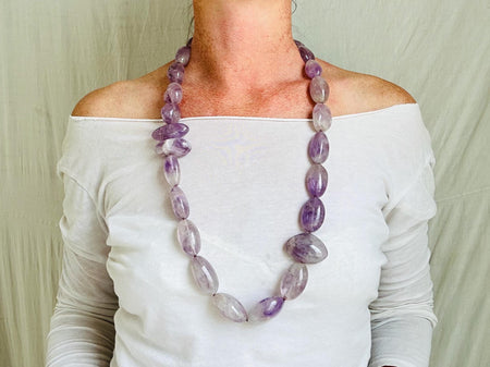 Long Amethyst Necklace. Natural Stone Beaded Designer Jewelry.