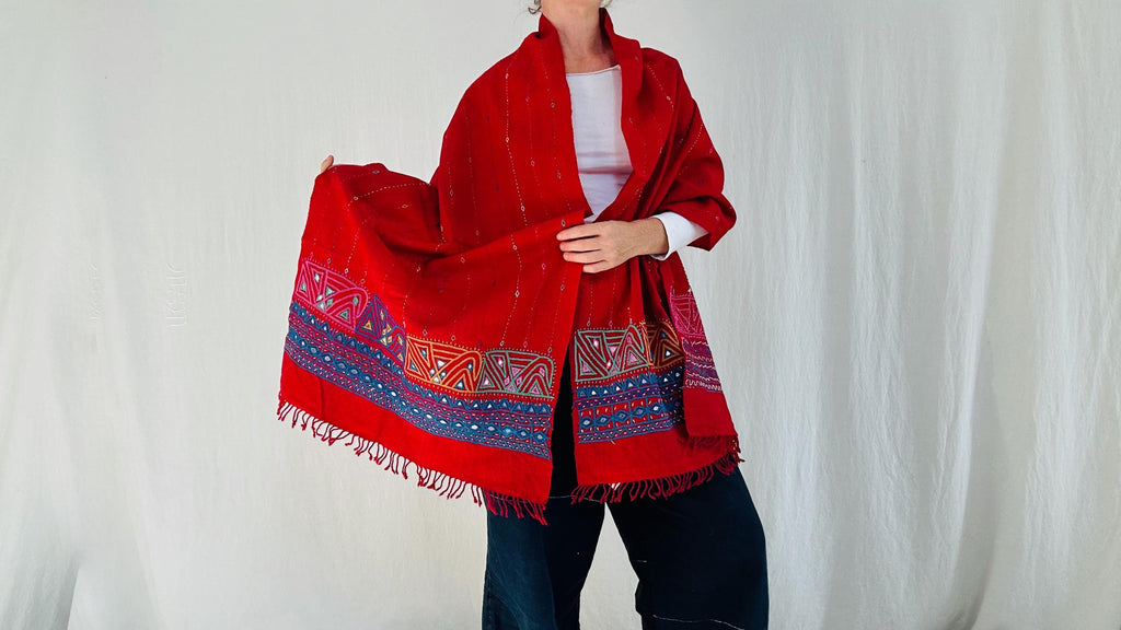 Modern Rabari Wool Shawl And Throw. Handwoven, Hand Embroidered, Mirror work.
