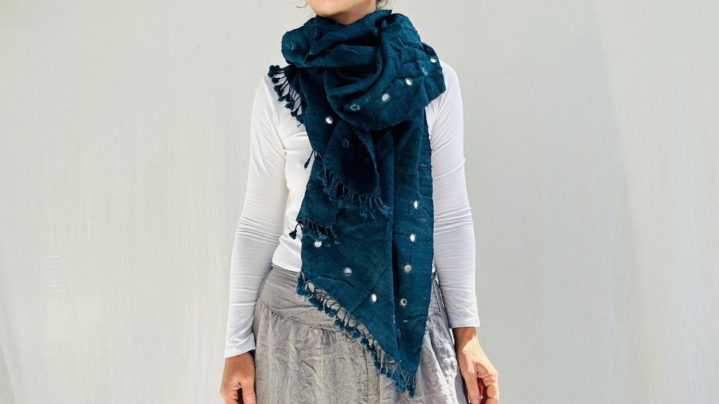 Indigo Shibori Silk & Wool Scarf and Shawl. Mirrorwork. Handwoven, Hand Dyed.