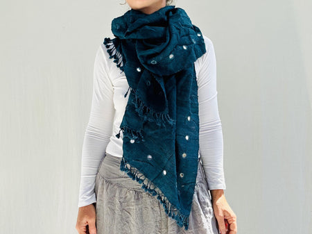 Indigo Shibori Silk & Wool Scarf and Shawl. Mirrorwork. Handwoven, Hand Dyed.
