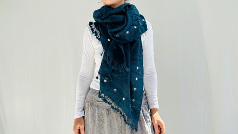 Indigo Shibori Silk & Wool Scarf and Shawl. Mirrorwork. Handwoven, Hand Dyed.