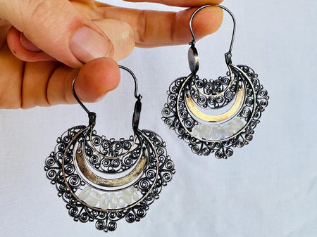 Vintage Mexican Arracadas. Sterling Silver & Moonstone! Oaxaca. Mexico. Frida Kahlo. 4401