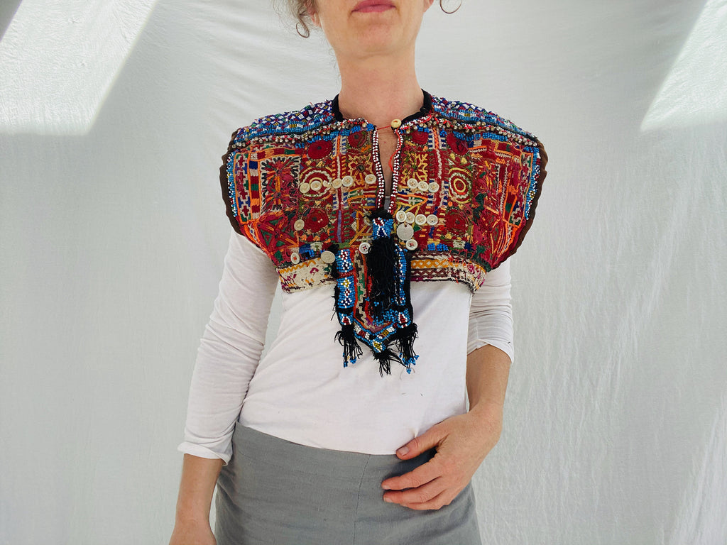 Vintage Balochi Vest. Size S. Embroidered Beaded and Coined - Aadya Bazaar