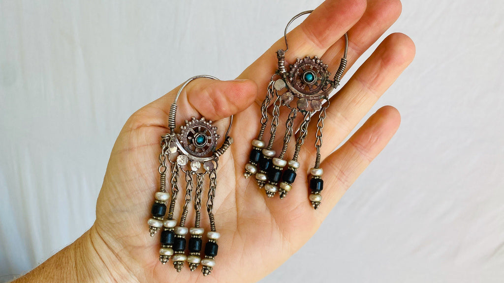 Vintage Uzbek Hoop Earrings. Bukhari Silver and Pearl Earrings. 0323