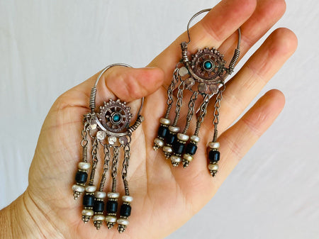 Vintage Uzbek Hoop Earrings. Bukhari Silver and Pearl Earrings. 0323