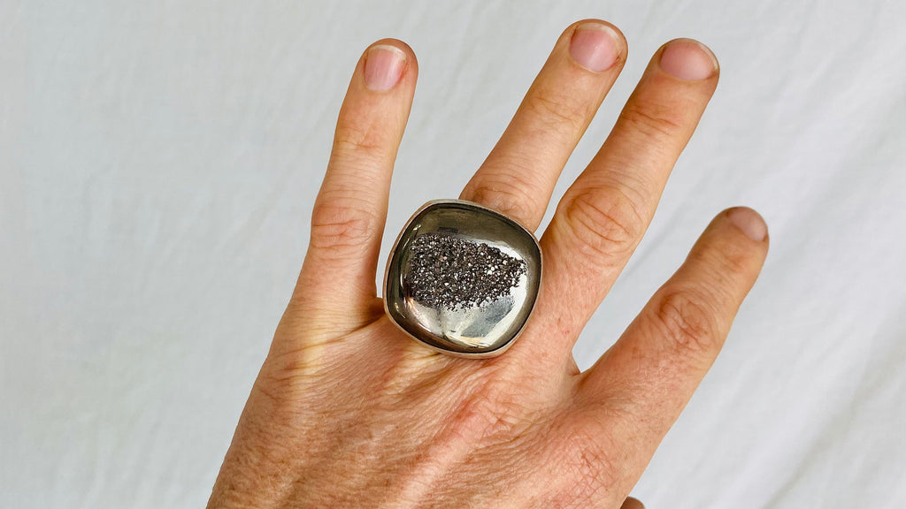 Pyrite Druzy Ring. Size 7.5 - Aadya Bazaar