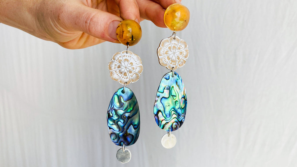 Paua, Amber, Silver & Gourd Earrings.