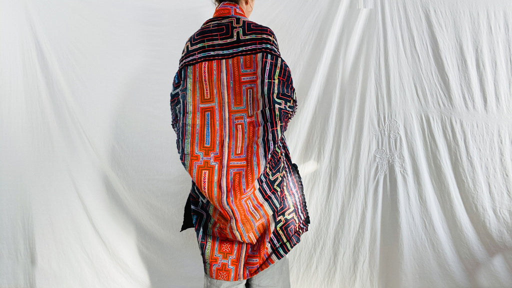 Vintage Hmong Indigo Wrap Shrug. Indigo Batik, Embroidered, Applique. Repurposed