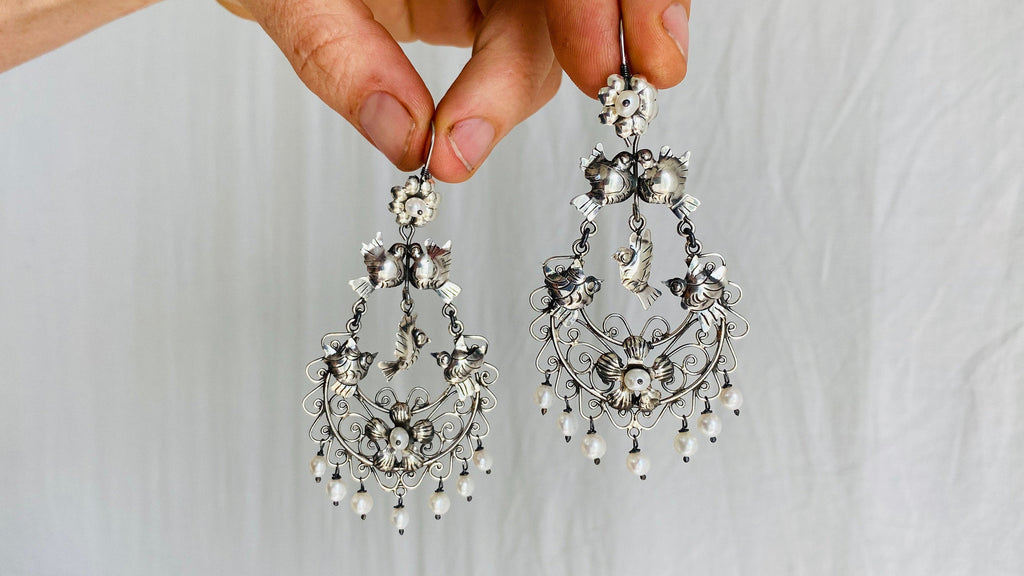 Taxco Filigree Aracada Earrings. Sterling Silver & Pearl. Mexico. Frida Kahlo