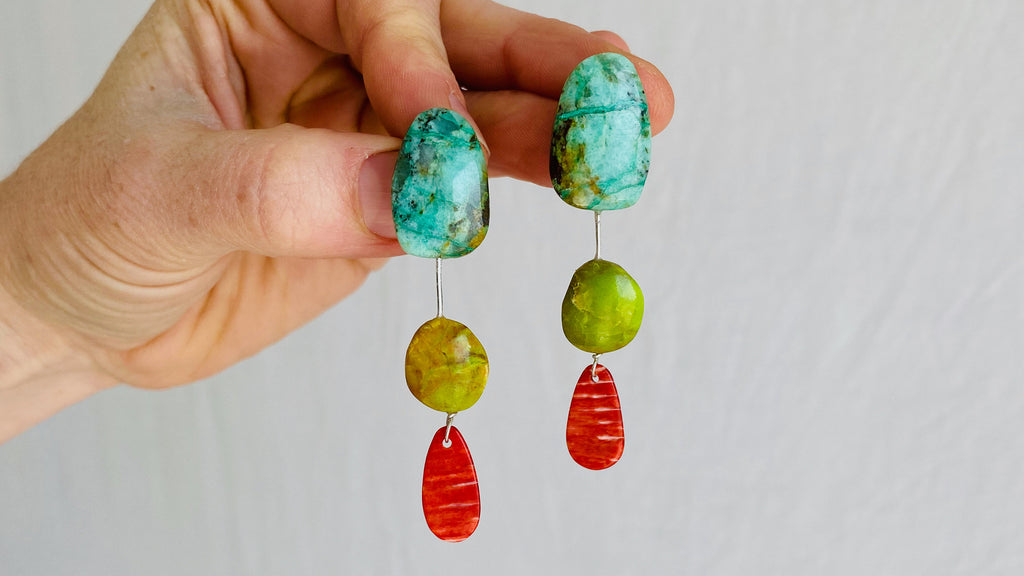 Chrysocolla, Spiny Oyster & Gaspeite Earrings. Sterling Silver