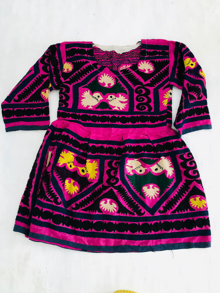 Vintage Uzbek Suzani Hand-Embroidered Cotton Mini Dress. XS-S