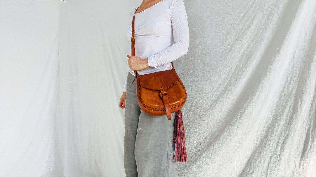 Leather Bag. Adjustable Strap. Zinacantan Tassels - Aadya Bazaar