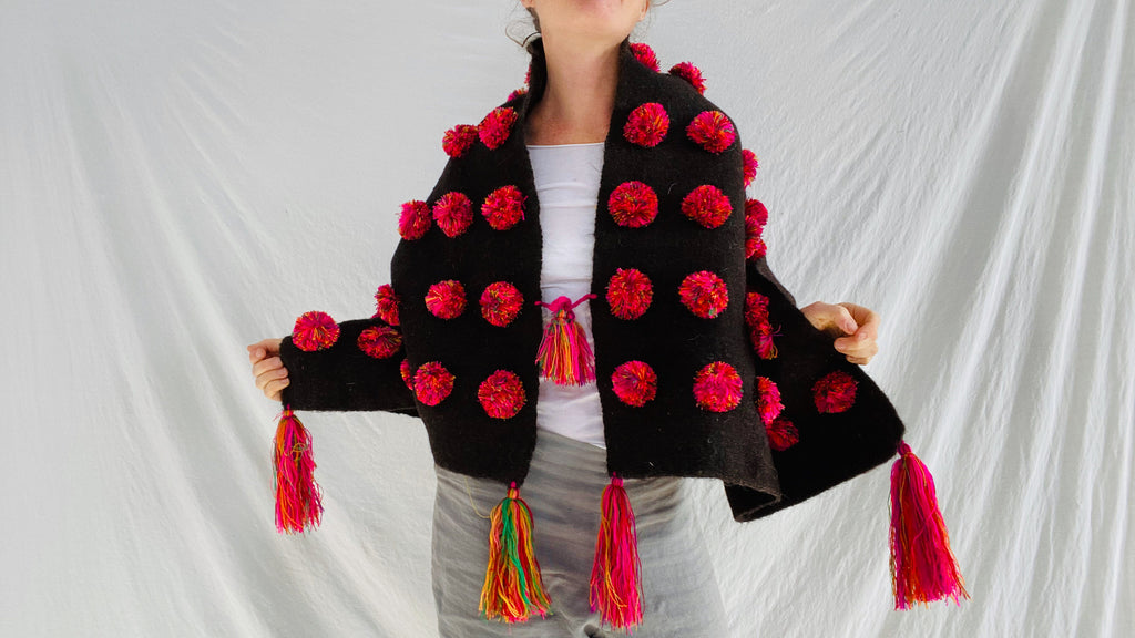 Wool Shawl. Colorful Pom Poms & Tassels. Brown. Mexico
