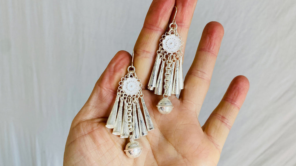 Long Silver Hmong Dangle Earrings. 0109 - Aadya Bazaar