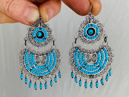 Oaxacan Filigree Earrings. Turquoise. Sterling Silver. Mexico. Frida Kahlo - Aadya Bazaar