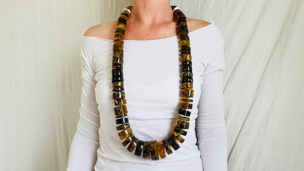 Huge Amber Heishi Beaded Necklace. Pucca. Mexican Amber. Dramatic and Gorgeous! - Aadya Bazaar