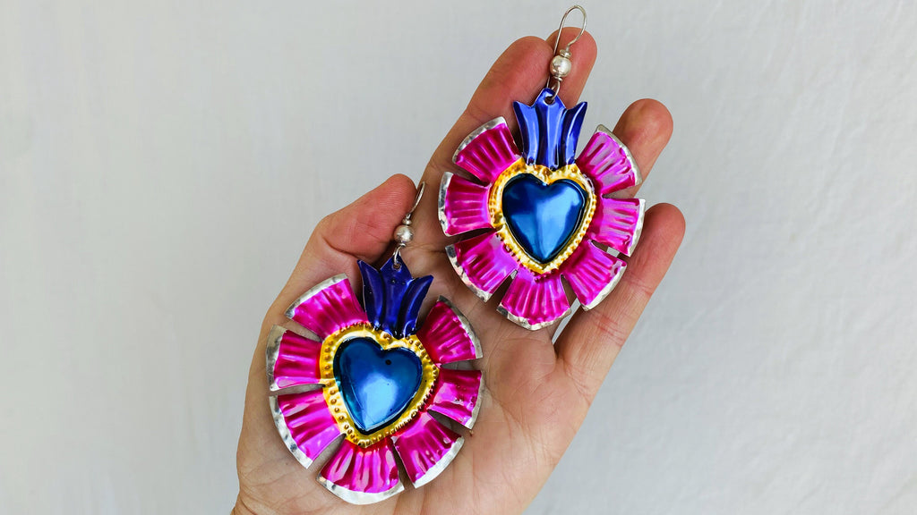 Hojalata Tin Mexican Heart Earrings. Silver Earwire