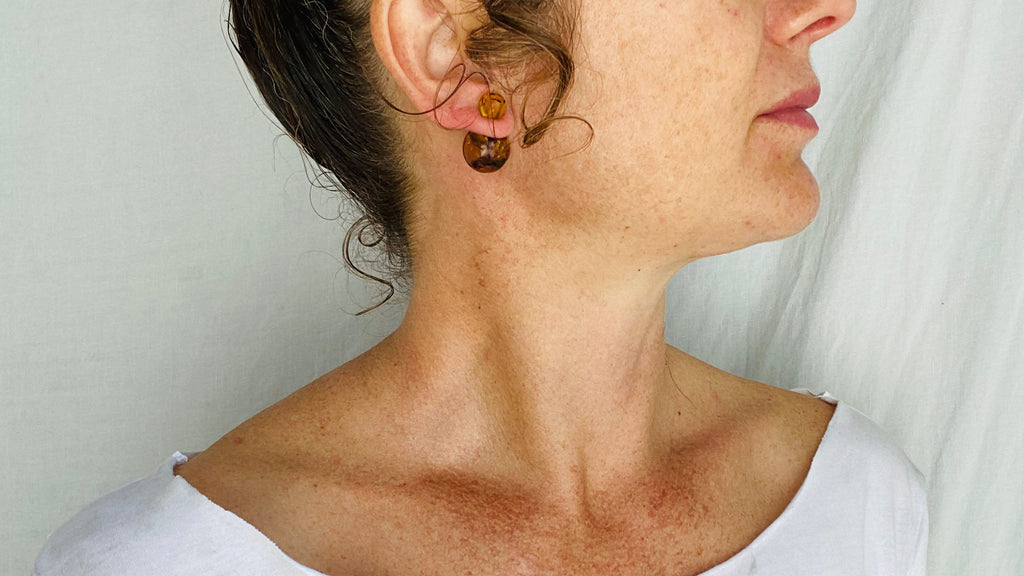 Large Amber Barbell Earrings. Double Sided. #7