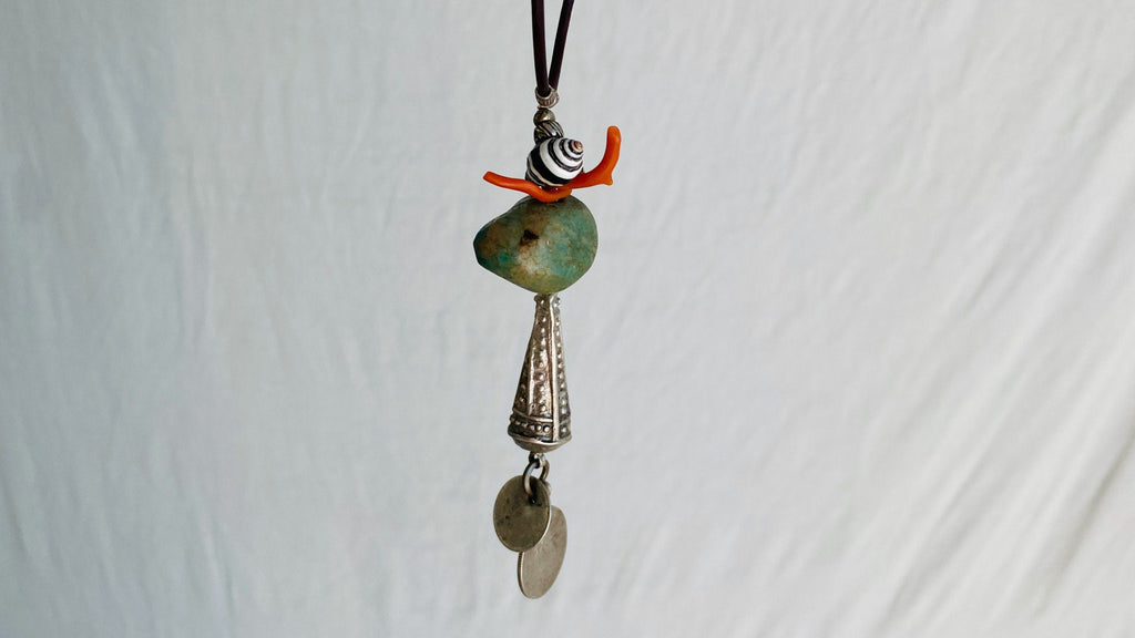 Berber Silver, Amazonite, Coral and Shell Talisman Necklace. Morocco. 0332