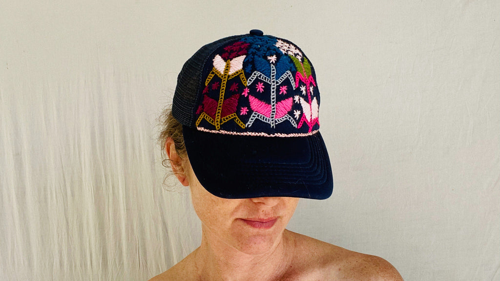 Trucker Hat with Zinacantan Floral Embroidery. Adjustable.