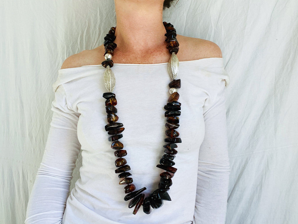Huge Red Amber Necklace. Amber and Sterling Silver. - Aadya Bazaar
