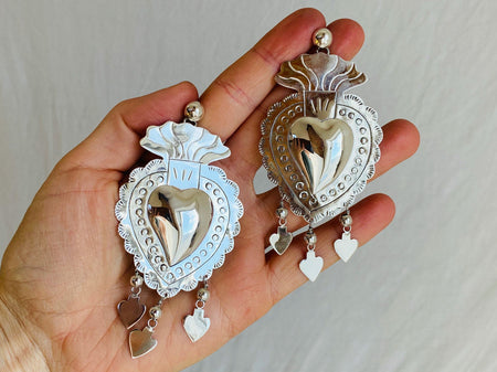 Large Taxco Sacred Heart Earrings. Milagro. Sterling Silver. Mexico. Frida Kahlo
