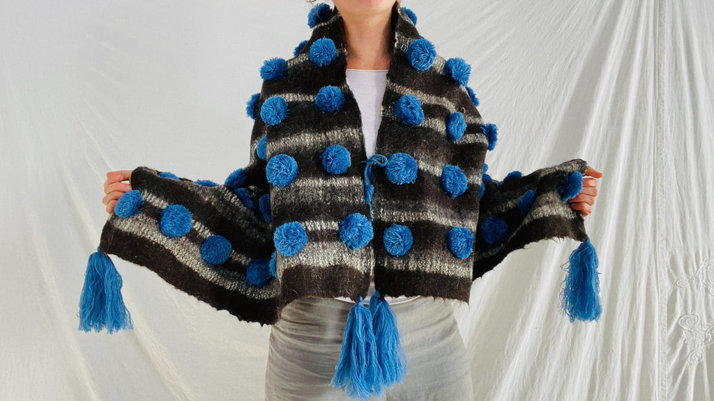 Wool Shawl. Pom Poms & Tassels. Mayan. Chamula. Mexico
