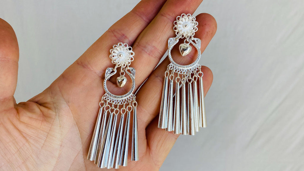 Silver Hmong Dangle Earrings. 0087. Heart