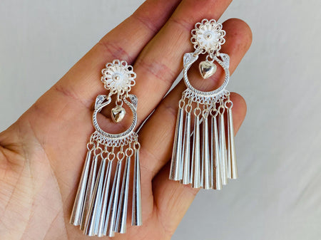 Silver Hmong Dangle Earrings. 0087. Heart