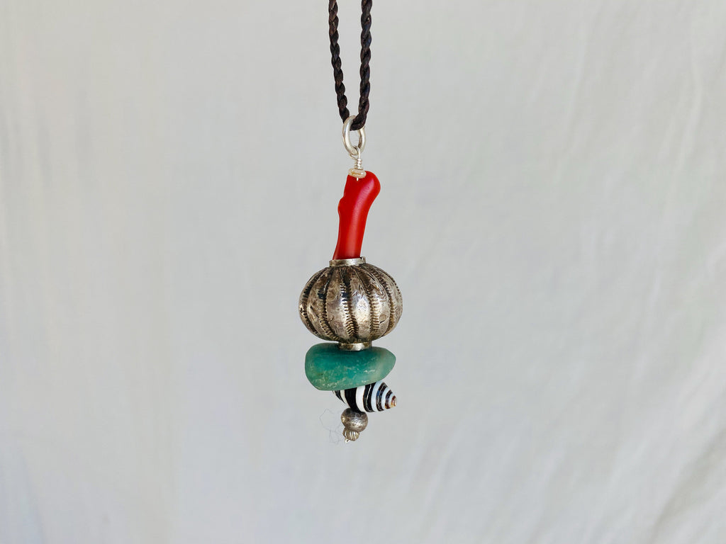 Antique Berber Silver Talisman, Amazonite, Coral and Shell Necklace. Morocco
