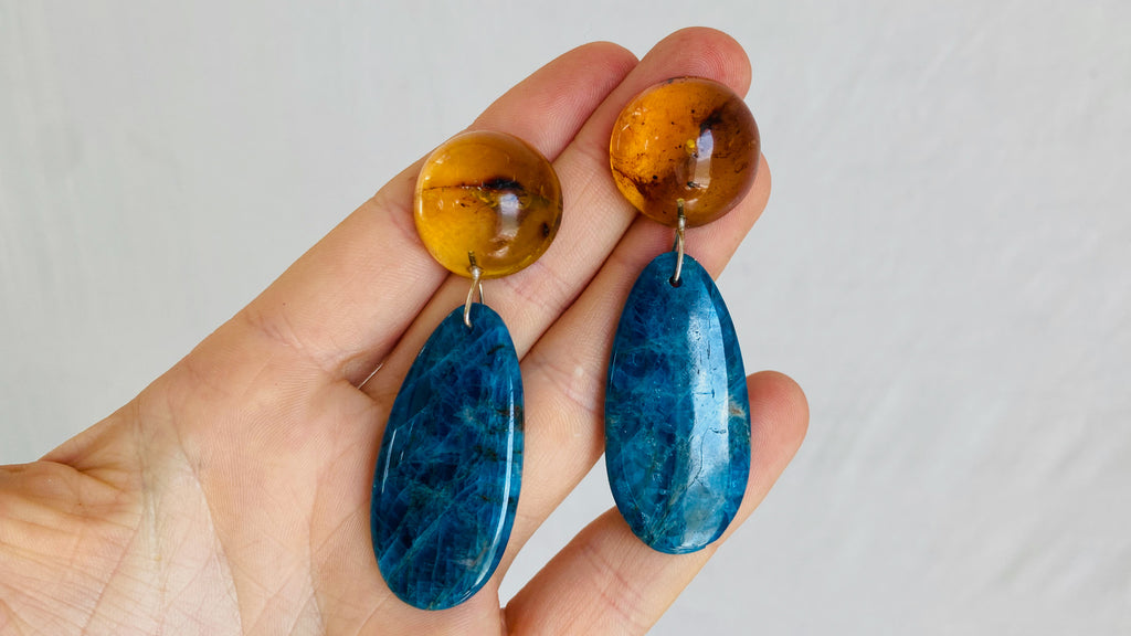 Blue Apatite & Amber Drop Earrings. Sterling Silver