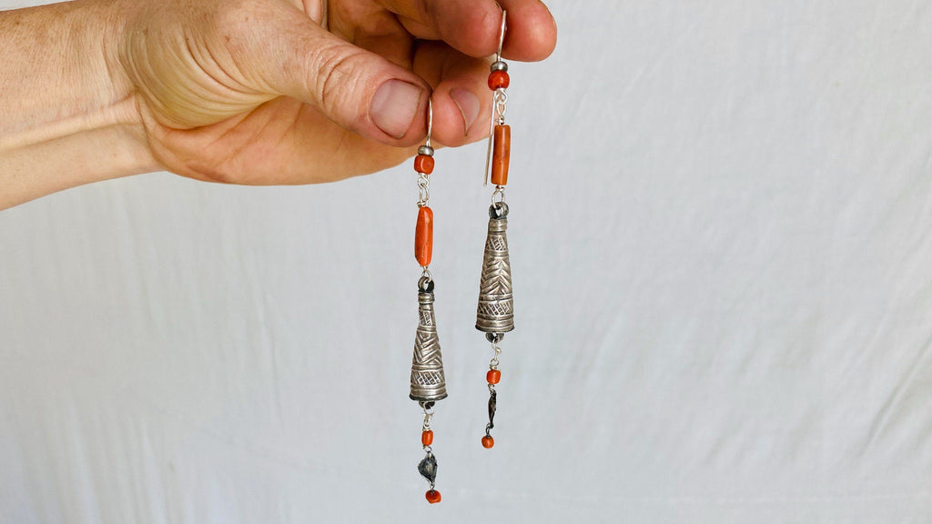 Antique Berber Silver and Coral Earrings. Sterling Silver. Morocco. 0425