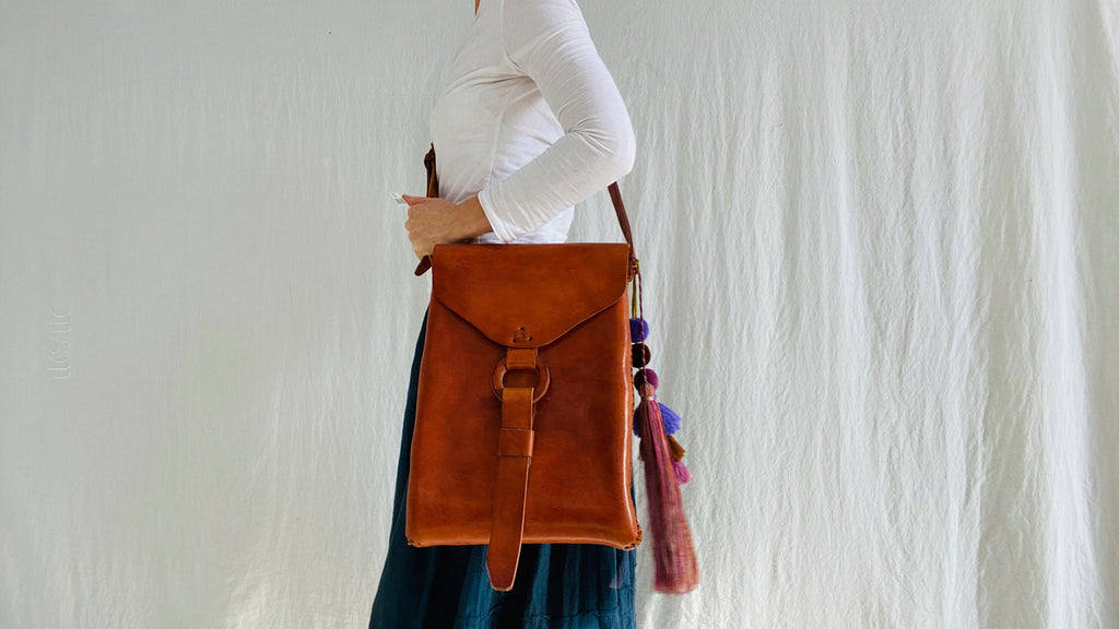 Leather Bag. Adjustable Strap. Zinacantan Tassels. 0201