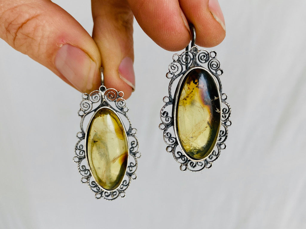 Oaxacan Filigree Earrings. Amber & Sterling Silver. Mexico. Frida Kahlo
