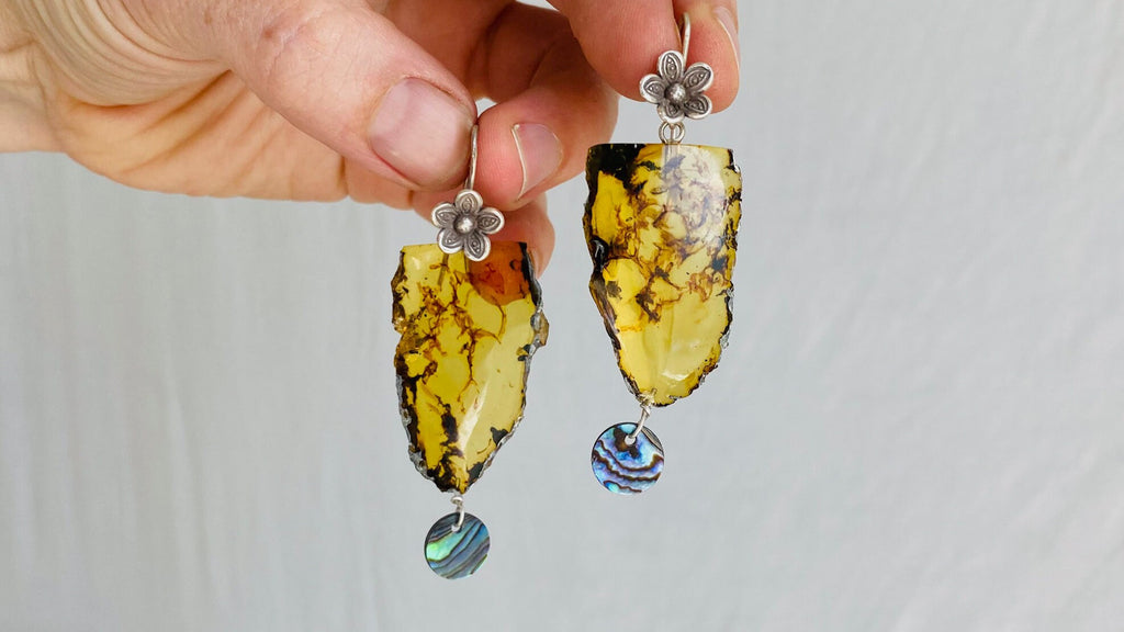 Paua, Amber & Silver Earrings. 0461 - Aadya Bazaar