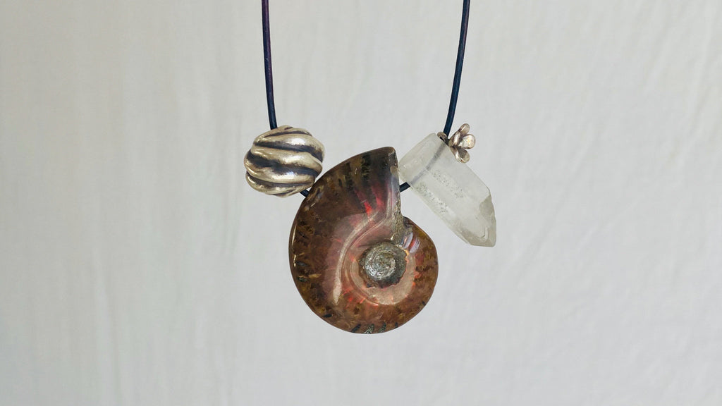 Ammonite, Crystal and Silver Pendant Necklace.